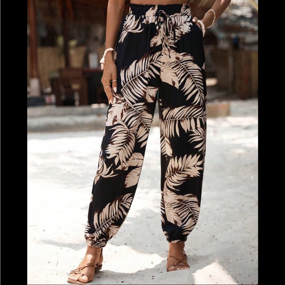 Black and Tan Tropical Leaf Print Paperbag Waist Pants With Tie and Cuff Ankles